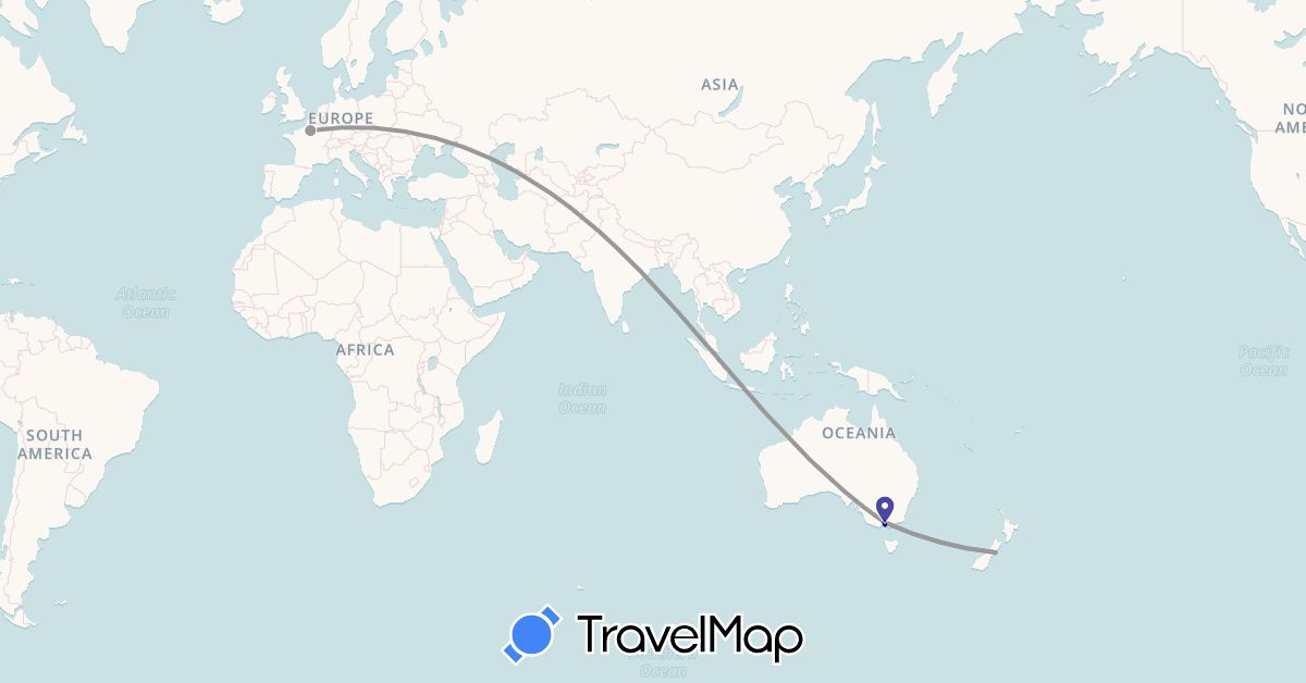 TravelMap itinerary: driving, plane in Australia, France, New Zealand (Europe, Oceania)